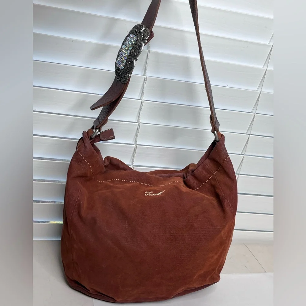 Fossil Rhinestone Buckle Leather Strap Brown Boho Canvas Hobo Bag